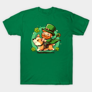 Cute Leprechaun Riding a Corgi - Saint Patrick's Day Theme T-Shirt